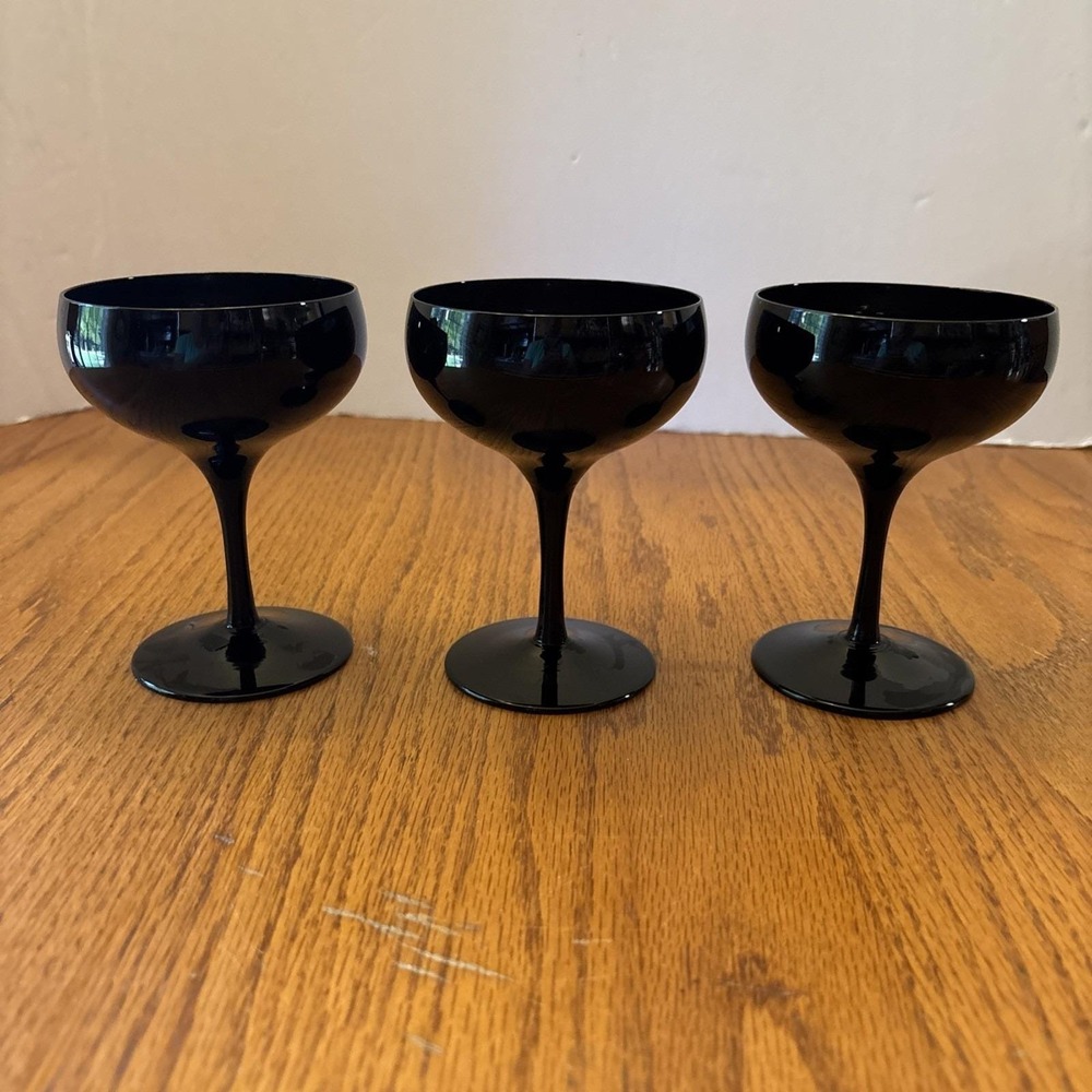 Vtg 3-  Sasaki Stemware Champagne Glasses Ebony Midnight Black Handcrafted Japan